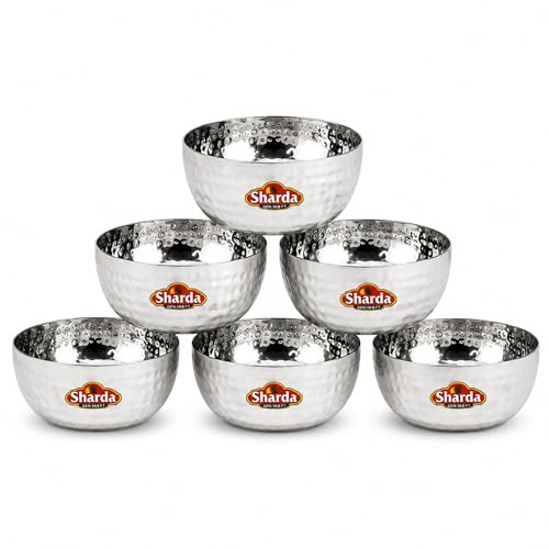 Image of Sharda Metals Hammered Stainless Steel Bowl for Curry, Dal, Halwa, Dessert, Soup, Vegetable Serving Katori Set, Mathar Bowls, Wati, Vati - Set of 6