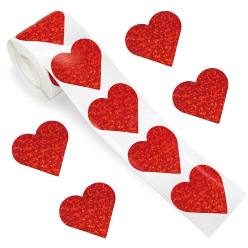 WANGHENG Holographic Heart Stickers 500Pcs 1.5 inch Valentines Glitter Red Heart Stickers for Valentines Day Mothers Day Wedding Anniversaries Reward