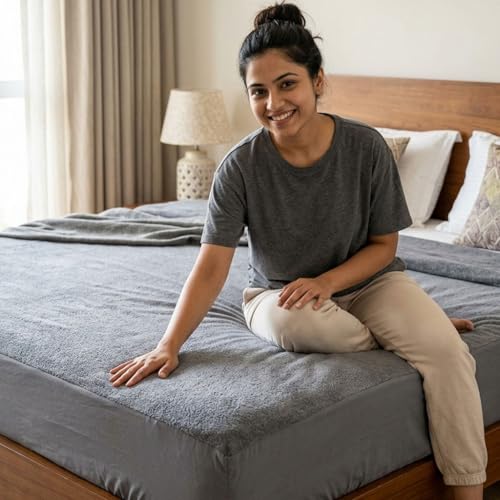 Image of Feelme Cotton Mattress Protector Single Bed Waterproof Mattress Cover for Single Bed 72X48 Inch / 6X4 Feet Grey Water Proof Gadda Cover
