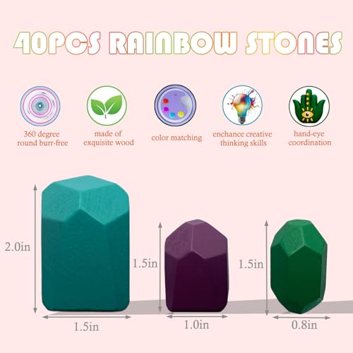 Stacking Rocks 40 Pieces, Over 3 Years Old, Educational Toddler Stacking Blocks, Promotes Imagination, Balance & Fine Motor Skills - Wooden Rocks Sensory Toys Gift for Kid, Boy Girl Pack