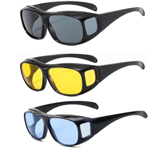 GegXcn 3 Pack Night Driving Glasses, Retro Wrap Around Glasses,Reduce Harsh Headlight Glare & Enhance Clarity for Night Driving, Lightweight & Comfortable Fit for Men and Women