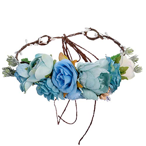 Blumenkrone Blumen Stirnband Hochzeit Haarkranz - Handgefertigt Bohemien Einstellbar Blumenstirnband Band Frauen Mädchen Festival Kopfschmuck Hochzeitsgesellschaft Haarschmuck (Himmelblau/Tiffanyblau)