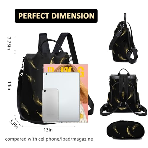 Image of Fmeida Travel Backpack Purse for Women Anti Theft Convertible Backpacks Fashion Waterptoof Nylon Daypack Black Feather