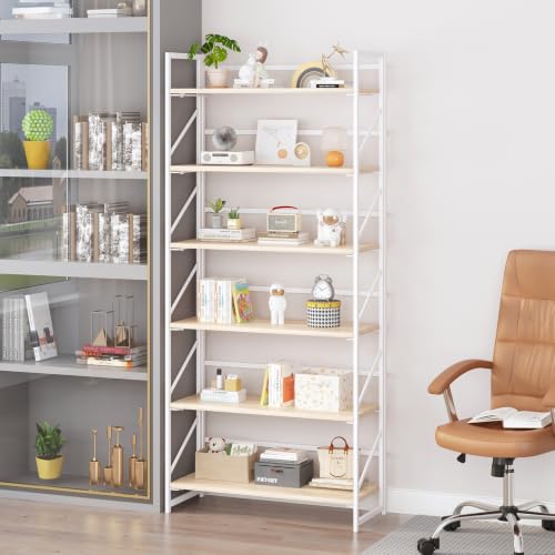 Image of JSB 6 Tier No Assembly Folding Bookshelf, 30.7 inch Wide Foldable Storage Bookcase for Home Office, Space-Saving Storage Shelf for Living Room (White)