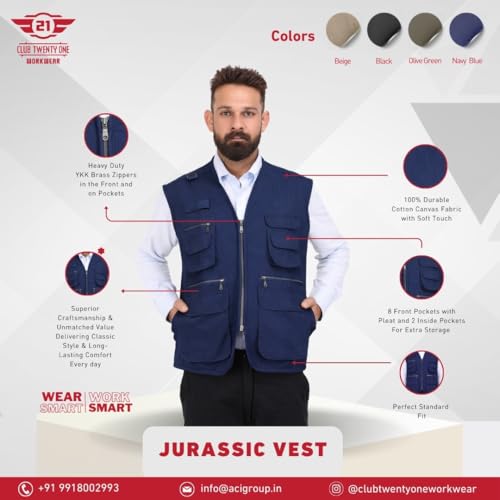 Image of CLUB TWENTY ONE Workwear Men and Women Multi Pocket Outdoor Adventure Vest, Hiking - Trecking Jacket, Cotton Fabric Zipper Closure