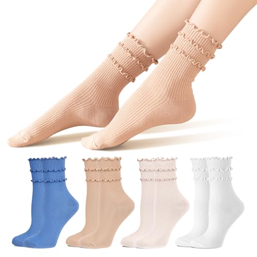 Women's Crew Socks,Cute Ruffle Top, Ultra Soft,Cotton Breathable Cool Lettuce Frilly Casual Sock 4 Pack Size 5-9