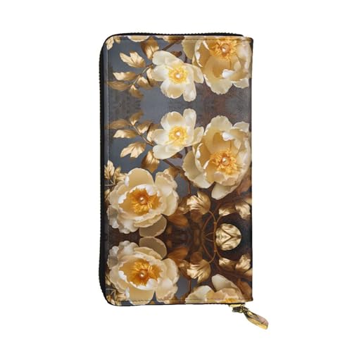 Portefeuille en cuir imprimé pivoine or blanc 19x10 cm avec porte-cartes de crédit intégré