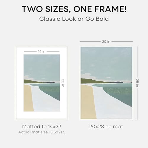 Image of Homeforia 20x28 Picture Frame White, High End Oak 20 x 28 White Wood Poster Frames with Mat 14 by 22 Photo, 20x28 Wooden Frame Matted to 14x22, 28x20 Hanging Frames, Tempered Glass, Wall Kit, Set of 2