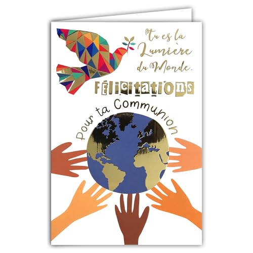 68-6007 Carte Félicitations pour ta Communion Garçon Fille Chrétien(ne) Catholique Colombe de la Paix en Or Doré Esprit Saint Planète Terre - Avec Enveloppe Blanche...
