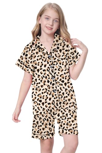 Image of Schbbbta Girls Womens Pajamas, Satin Silky Pjs Set Kids 2Pcs Button-Down Nightwear Sleepwear Gift for Mommy and me
