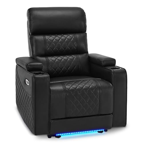 MCombo Power Recliner Chair for Adults, Home Theater Seating with Power Headrest, FSC Certified, USB & Type C Ports, Armrest Storage & LED Light HTS432 (Black, Single Recliner)