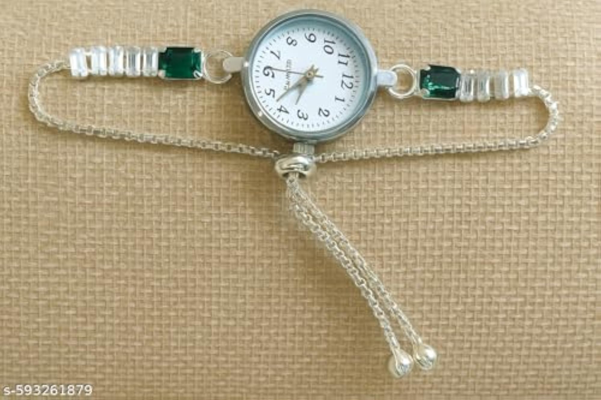 Classic Green Crystal Pocket Watch with White Chain, Gift for Her