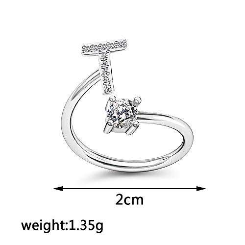 Image of HUJUON Silver Initial Letter Ring for Women. Adjustable Crystal Alphabet Ring,Name Initials Stackable Knuckle Rings A-Z CZ Open Ring