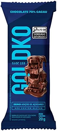 Barra de chocolate 70% cacau zero adição de açúcares 20g