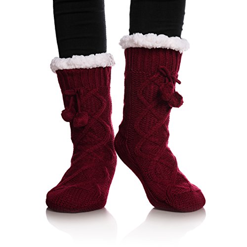 YEBING Women's Diamond Cable Knit Super Soft Warm Cozy Fuzzy Fleece-lined Winter Slipper Socks (Wine Red)