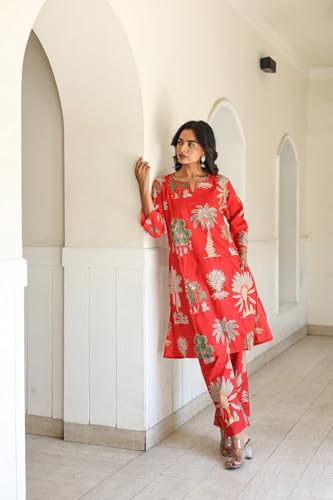 Image of LookMark Women's Viscose Rayon Printed Stitched Kurta with Pant | Red Color Kurta Set | Kurta with Pant Set for Woman | Printed Kurta Set