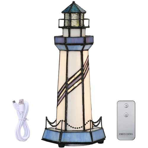 Bieye Lámpara de mesa decorativa de vidrio de color estilo Tiffany con forma de faro L10776 decoración del hogar (5 x 5 x 11, azul)
