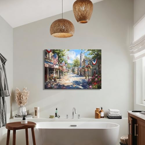 Image of Rustic Patriotic Main Street Wall Art, 4th of July American Town Canvas Prints, Vintage Flag Street Decor for Home, Living Room, Kitchen, Framed Artwork for Bar, Made in USA