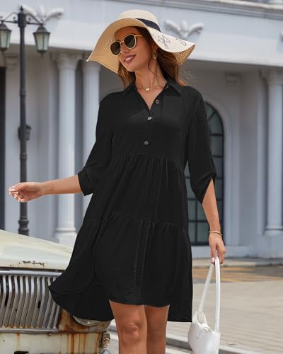 Bsubseach Womens Summer 2025 Casual Midi Dresses Button Down 3/4 Sleeve Ruffle Dress Boho Beach Vacation Sundress2