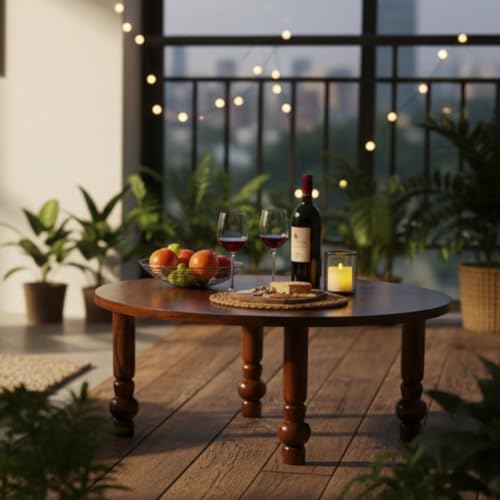 Image of Solid Sheesham Wood Round Coffee Table | Wooden Center Table for Living Room | Classic Tea Table with Turned Legs | Decorative Sofa Table for Lounge Area | Stylish Accent Furniture | Brown