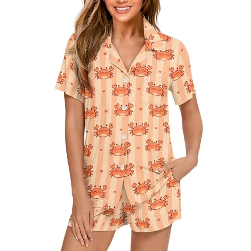 Image of Women's Short Sleeve Sleepwear Button 2 Piece Plus Size Pajamas Casual Soft Stretchy Funny Nightwear with Pockets