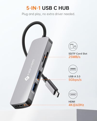 Image of NOVOO USB C Hub 5 in 1 with HDMI 4K Adapter, 2 USB 3.0 Ports, 1 SD Memory Port, 1 microSD Card Reader