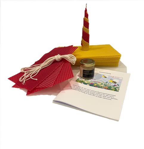 Buntes Bienenwachs-Kerzen Bastelset für 25 Kerzen,Bienenwachskerzen selber machen inkl. Docht rot gelb Honigplatten und Honig für Kinder und erwachsene auch als DIY Geschenk (22 gelbe Platten 3 Rote) Cover