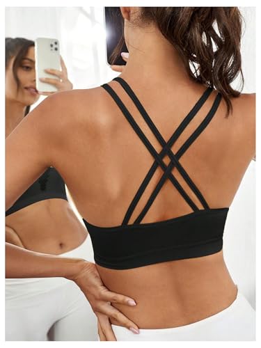 OYOANGLE Women's Fishnet Wireless Sports Bra Criss Cross Back Knitted Crop Tops Push Up Workout Bralettes2
