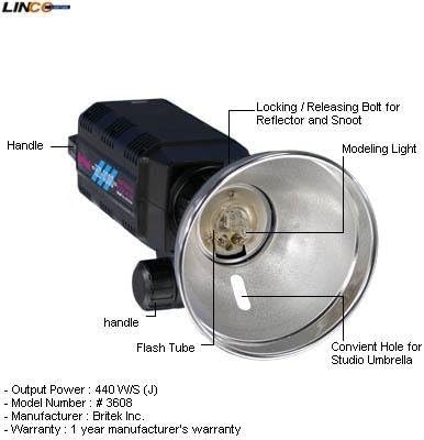 Britek#3608 Photo Studio HS-2000 Strobe Light 440w/s with Reflector and 15 Feet sync Cord