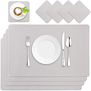 BaoWnylz Placemats PU Leather Place Mats Grey Set of 4 Washable Waterproof Table Mats 45x30cm and Leather Coasters, Suitable for Kitchen Tables Restaurants and Hotels