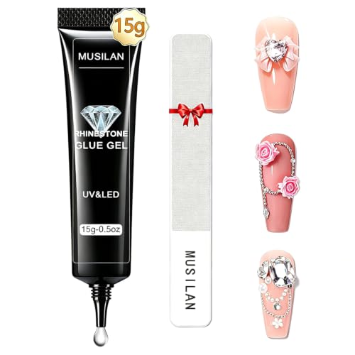 MUSILAN Nail Rhinestone Glue avec Limes à ongles en Verre - 0.5 once Gel 3D Nail Art Colle à ongles Strass Gel pour Les ongles pour Paillettes d'Ongles pour Strass Ongles Bijoux Décorations diy Design