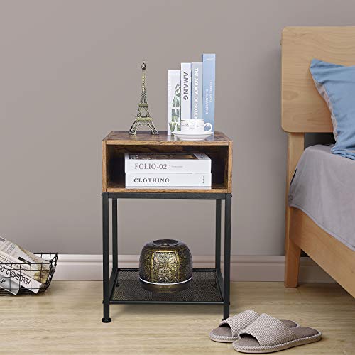 YIUKEA Side Table - Nightstand with Open Compartment and Mesh Shelf, Small Sofa End Table Cabinet for Storage, Rustic Brown - Image 2