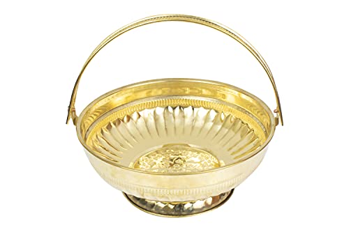 Spillbox Traditional Handcrafted Lakshmi Brass Flower Basket for Pooja/Worship (Gold Leaf)