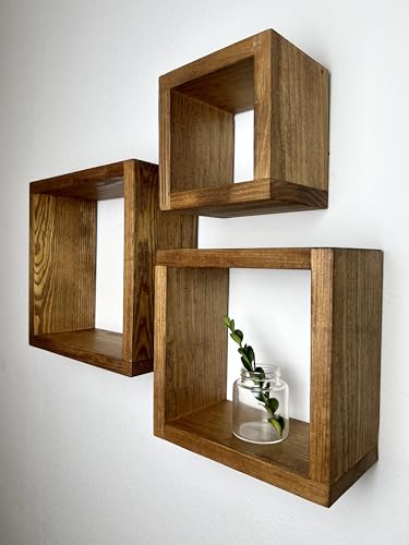 Set of 3 Wood Floating Cube Shelves, Quality Wood Shelving, Hanging Plant Display, Shadow Box, Gallery Wall, Bathroom Storage, Minimalist (Walnut)