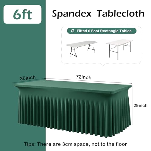 Image of 2 pk Hunter Green Spandex Tablecloth for 6 Foot Rectangle Tables, Wrinkle Free Fitted Spandex Table Covers 6ft Green Stretch Table Cloths with Ruffle Skirt for Parties Weddings Banquet Baby Shower
