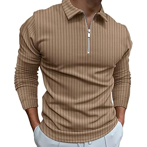 Men's Long Sleeve Polo Shirt Zip Neck Business Casual Tops Ribbed Workout Tee Shirts Khaki Cover