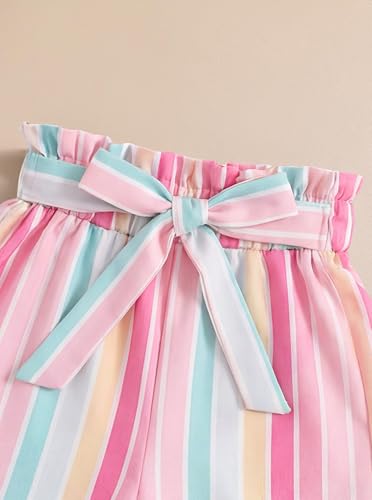 Image of Girls 2 Piece Outfits Summer Ruffle Sleeve Top and High Waisted Striped Shorts Set for Girls 7-14