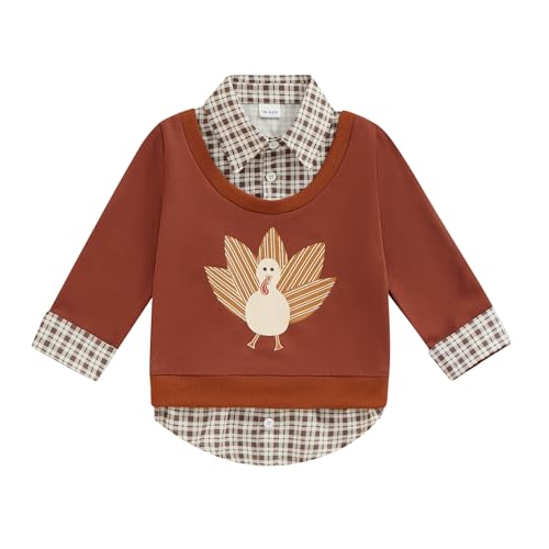 Honganda Kids Toddler Baby Boy Girl Thanksgiving Sweatshirt Lapel Neck Turkey Plaid Pullover Tops Fake Two Piece Outfits