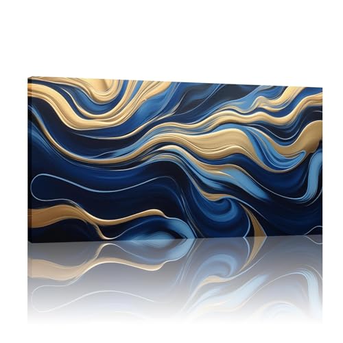 Peinture murale abstraite bleu et or pour habiller un grand mur vide de salon 80x160