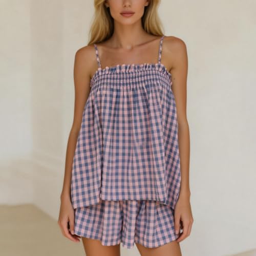 Image of Yuemengxuan Women 2 Piece Casual Lounge Set Sleeveless Strappy Tie Back Cami Top Wide Leg Shorts 2Pcs Summer Pj Set Beachwear