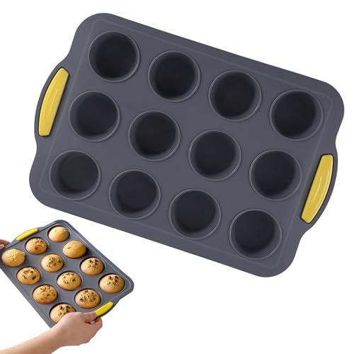 Moule a Muffin Silicone pour 12 Muffins, Petit Trou de 6.5 cm de Diamètre, Plaque à Pâtisserie Antiadhésive, Résistante à la Chaleur, pour les Muffins, les Biscuits et le Pain (Gris)
