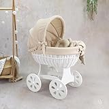 Höhe des Korbgestells: 70cm Wiklinopol Korb, Stubenwagen, Bollerwagen Moseskorb Annabell mit Haube weiß mit Gestell, Matratze und Bettwäsche, Bettbezug in der Farbe Beige/Ecru