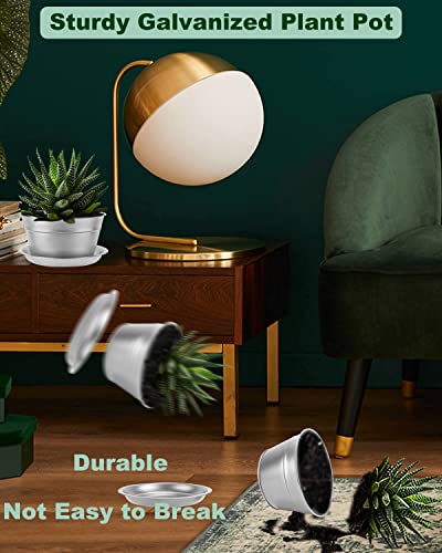 Vensovo 8 Inch Silver Shallow Metal Plant Pots With Saucer-2 Pack Large Metal Galvanized Flower Pot With Drainage Hole,Planter Pots With Tray Perfect For Planting And Wedding Party Decor #TOP4