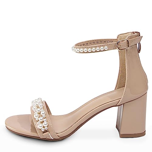 Image of Women's Heels Sandals for Women Open Toe Fashion Pearls Platform Heeled Sandals Ankle Strap Block Chunky Low Heel Pump Sandal Party Wedding Dress Shoe