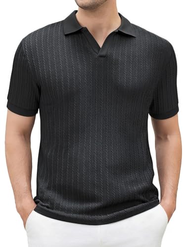 Esabel.C Mens V Neck Jacquard Polo Shirt Stretch Short Sleeve Polo Shirts for Men,Black,L