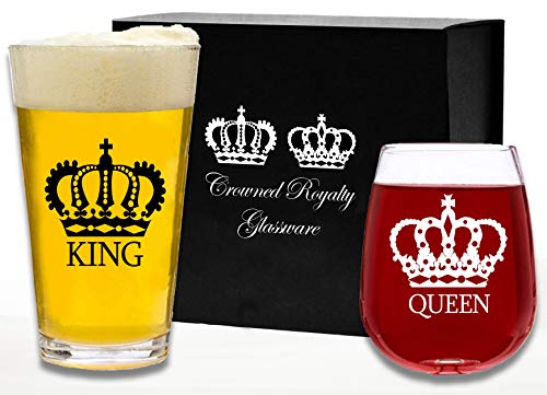 King Beer Queen Wine Gift Glass Set. His and Hers, Couples, Parents Glassware. Anniversary, Engagement, Wedding, Christmas, Housewarming gifts. Fun Royal Novelty Present