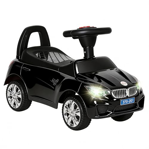 HOMCOM Coche Correpasillos para Niños de 18 36 Meses Andador Correpasillos con Faros Música Bocina Volante Espacio de Almacenaje y Asa para Empujar 63,5x28x36 cm Negro