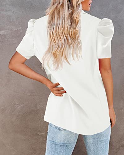 Newffr Women's Summer Blazers Casual Short Puff Sleeve Open Front Office Blazers Bussiness Jackets Work Suit White #TOP2