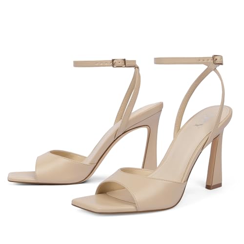 Image of QIY Strappy Heels for Women Heeled Sandals Square Toe Heel Ankle Strap Stiletto Mesh High Heels Dress Shoes