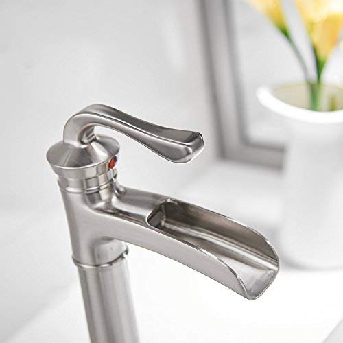 Homevacious Vessel Sink Faucet Brushed Nickel Waterfall Tall Spout Satin Single Hole With Pop Up Drain Lavatory Without Overflow Lead-Free #TOP7